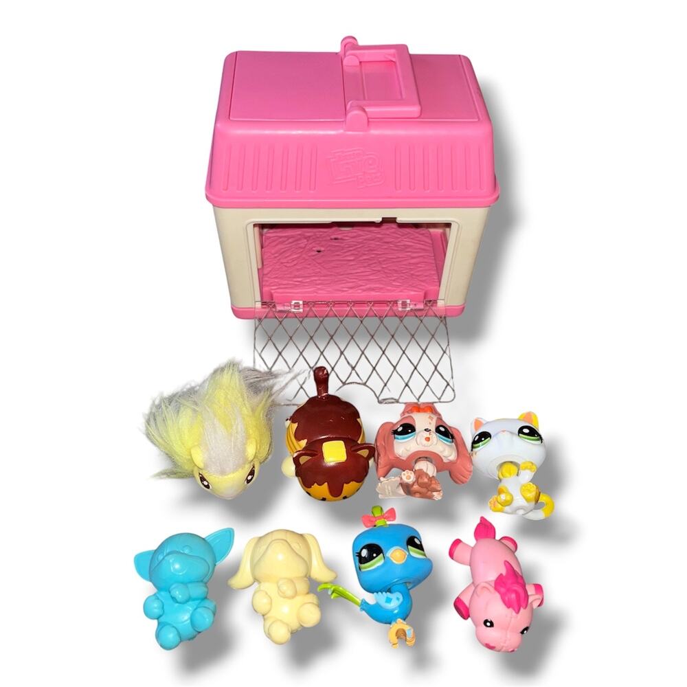 Mixed Toy Lot: Littlest Pet Shop (LPS) Figures, Mini Animals & Pink Pet Carrier